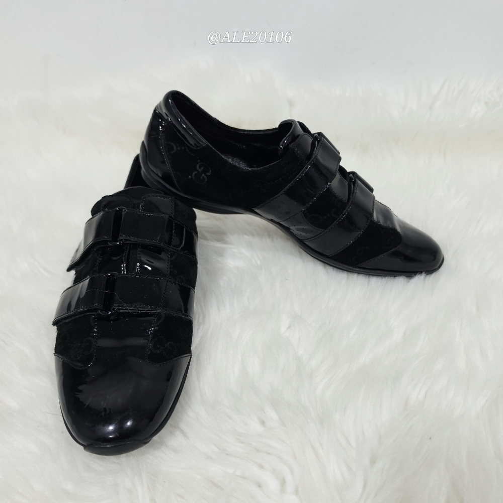 Gucci women black patent leather velcro sneakers size 39 monogram suede - Picture 7 of 14